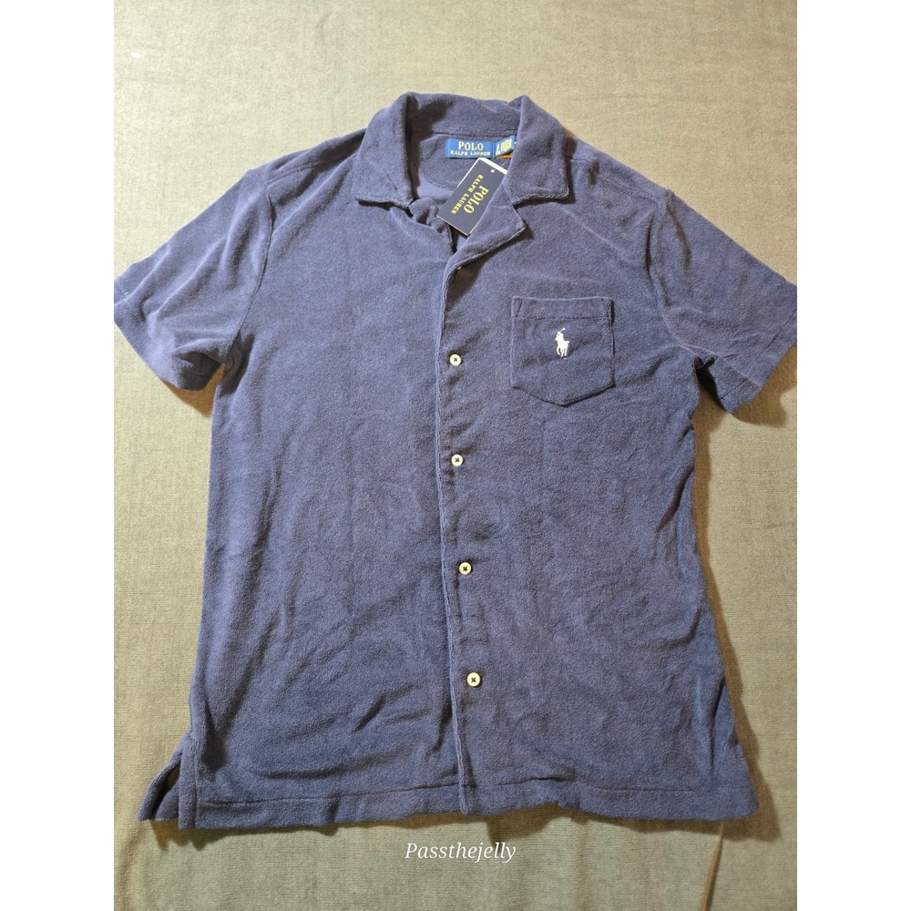 Polo Ralph Lauren Mens Navy Terry Camp Shirt S Classic Pony Logo Button Down New